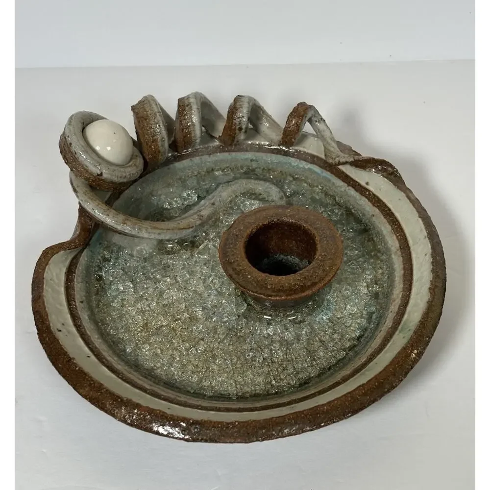 Art Studio Pottery Signed Objet d'art Hand Crafted Stoneware Candlestick Holder